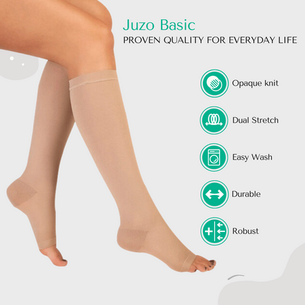 Juzo Basic Compression Stockings, 15-20 mmHg, Knee High, Open Toe - HV Supply