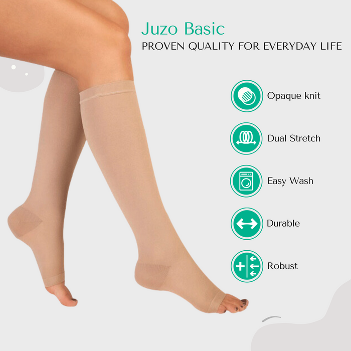 Juzo Basic Compression Stockings, 20-30 mmHg, Thigh High, Silicone Band, Open Toe