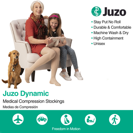 Juzo Dynamic Compression Stockings, 30-40 mmHg, Thigh High, Silicone Band, Open Toe - HV Supply