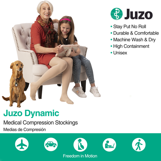 Juzo Dynamic Compression Stockings, 40-50 mmHg, Thigh High, Silicone Band, Open Toe - HV Supply