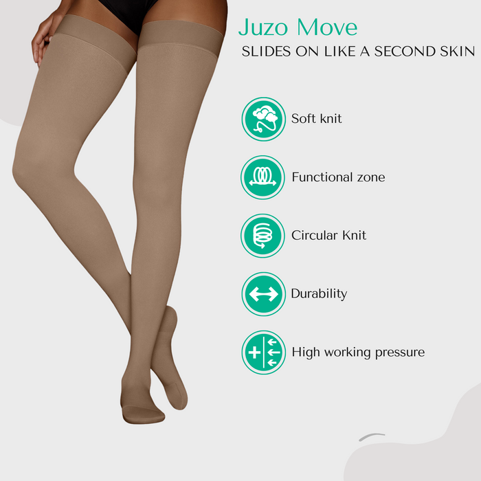Juzo Move Compression Stockings, 20-30 mmHg, Thigh High, Silicone Band, Open Toe - HV Supply