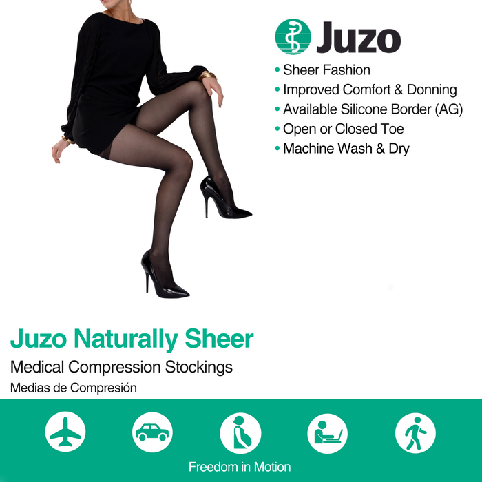 Juzo Naturally Sheer Compression Stockings, 15-20 mmHg, Microdot Silicone Band, Thigh High, Closed Toe - HV Supply