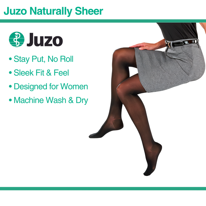 Juzo Naturally Sheer Compression Stockings, 30-40 mmHg, Microdot Silicone Band, Thigh High, Open Toe - HV Supply