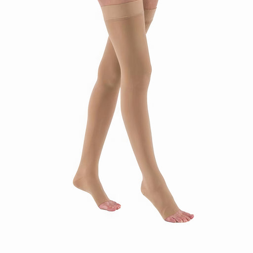 Juzo Naturally Sheer Compression Stockings, 15-20 mmHg, Microdot Silicone Band, Thigh High, Open Toe - HV Supply