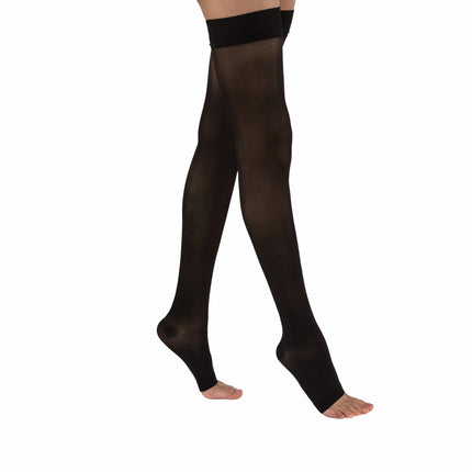 Juzo Naturally Sheer Compression Stockings, 15-20 mmHg, Microdot Silicone Band, Thigh High, Open Toe - HV Supply