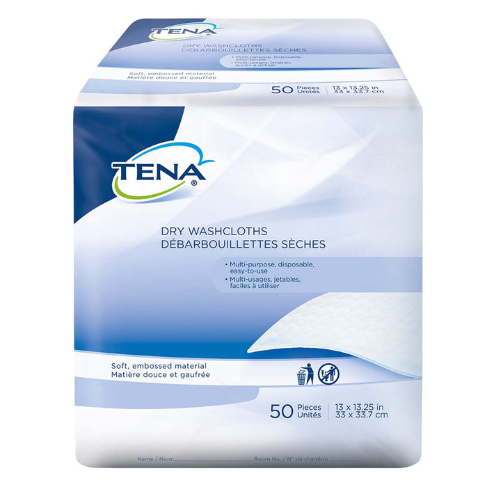 TENA Dry Washcloths, Dry Disposable Wipes, 13"x13", 50 Count