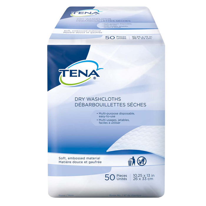 TENA Dry Washcloths, Dry Disposable Wipes, 10"x13", 50 Count