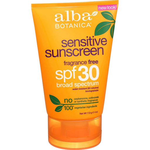 Alba Botanica Sensitive Sunscreen SPF 30, Fragrance Free, 4 Ounce - HV Supply