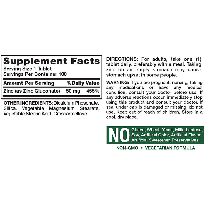 Nature's Truth Chelated Zinc 50mg 100 Tablets - HV Supply