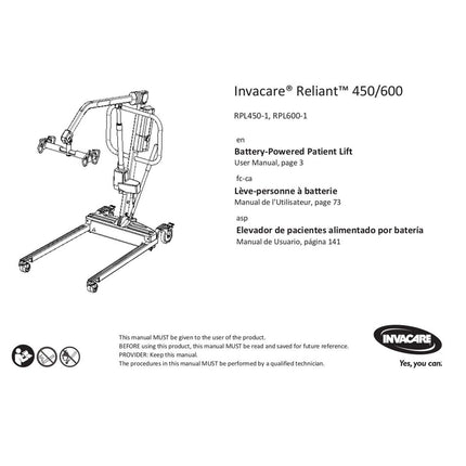 Invacare Reliant 450 Battery-Powered Lift w/ Powered or Manual Low Base - HV Supply