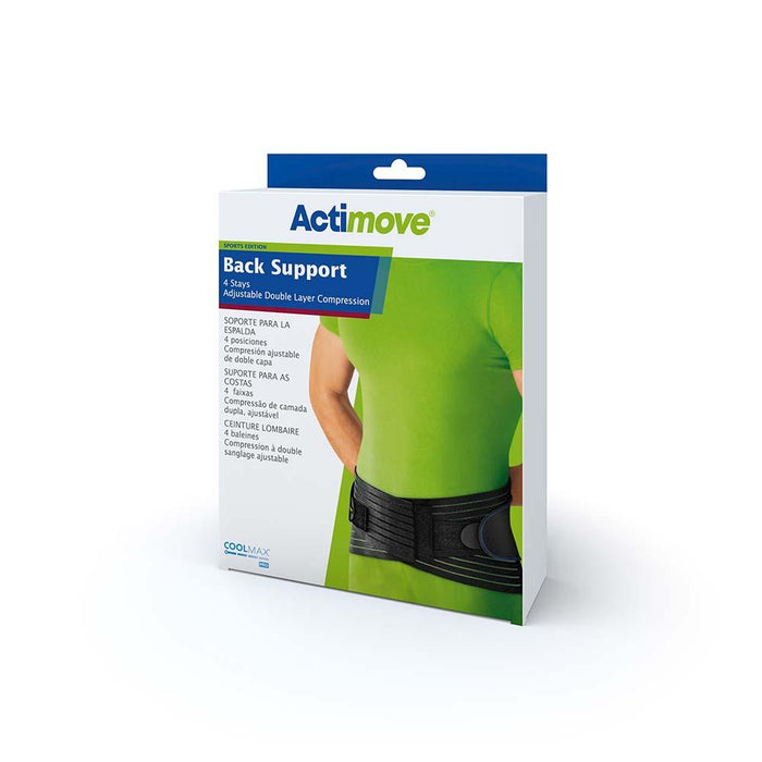 Actimove Sports Edition Back Support, 4 Stays, Adjustable, Double Layer Compression, Black - HV Supply