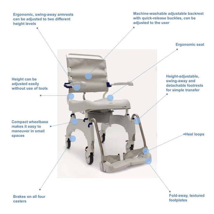 Invacare Aquatec Ocean Ergo Shower Wheelchair, Rolling Shower Chair w/ Self-Propelled or Standard Wheels and Commode - HV Supply